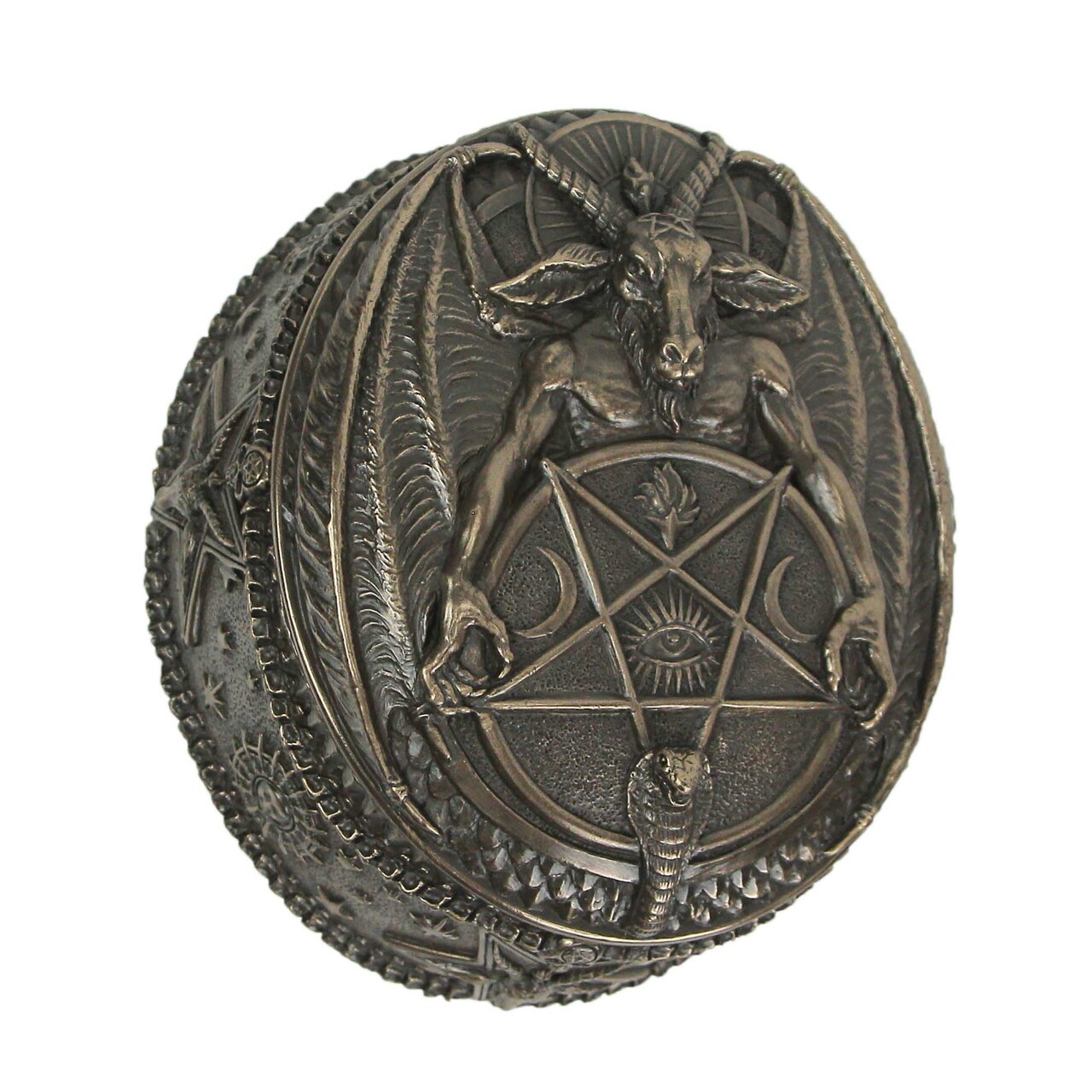 Baphomet With Inverted Pentagram Bronze Finished Round Trinket Box